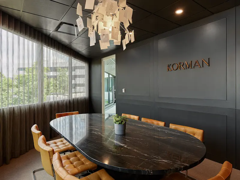 dark colored conference room with high end finishes