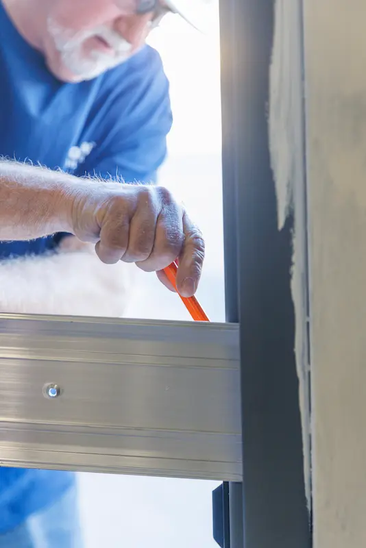 construction worker with hard hat in doorway measuring frame